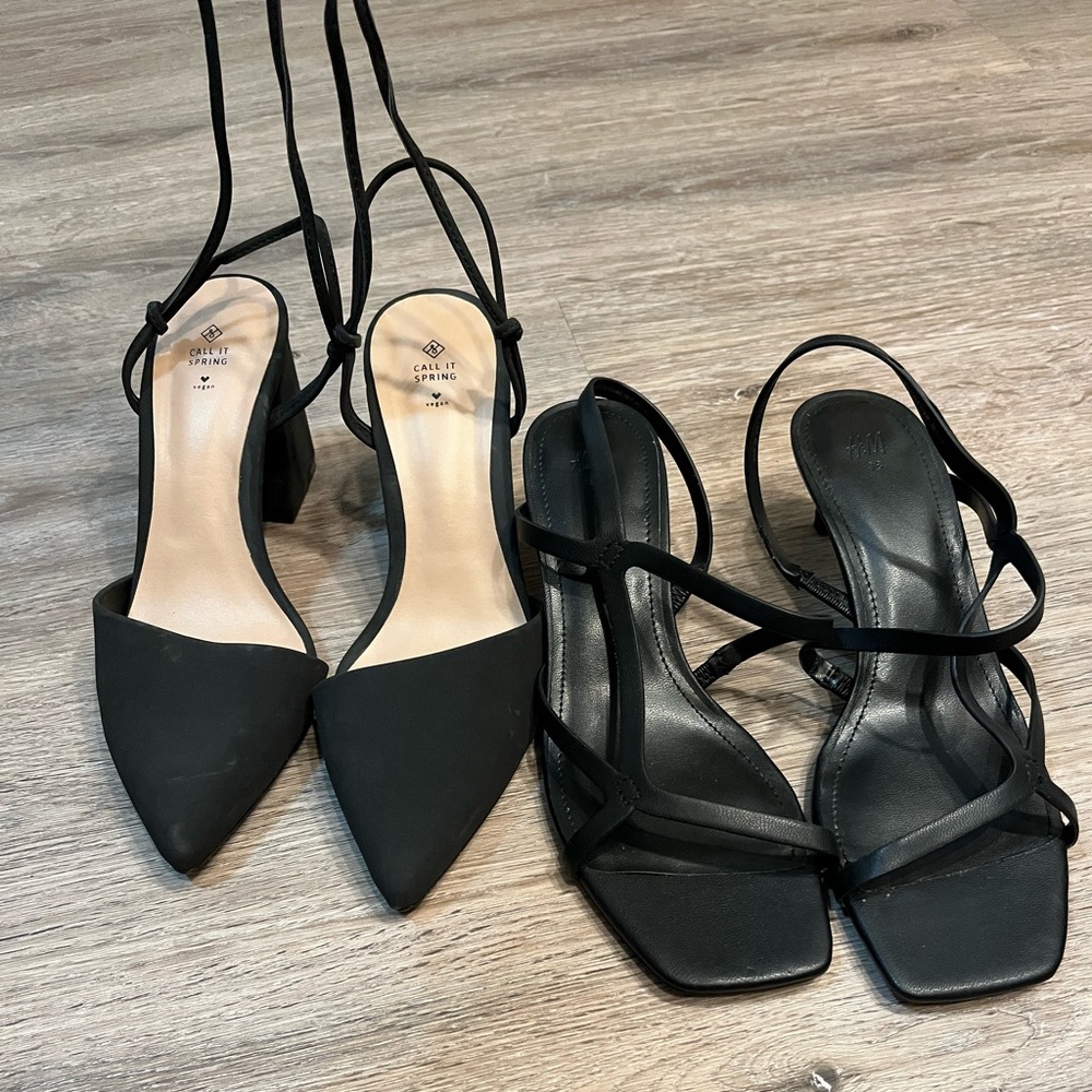 2 pairs of Strappy Black Sandal Heels Size 38/7.5